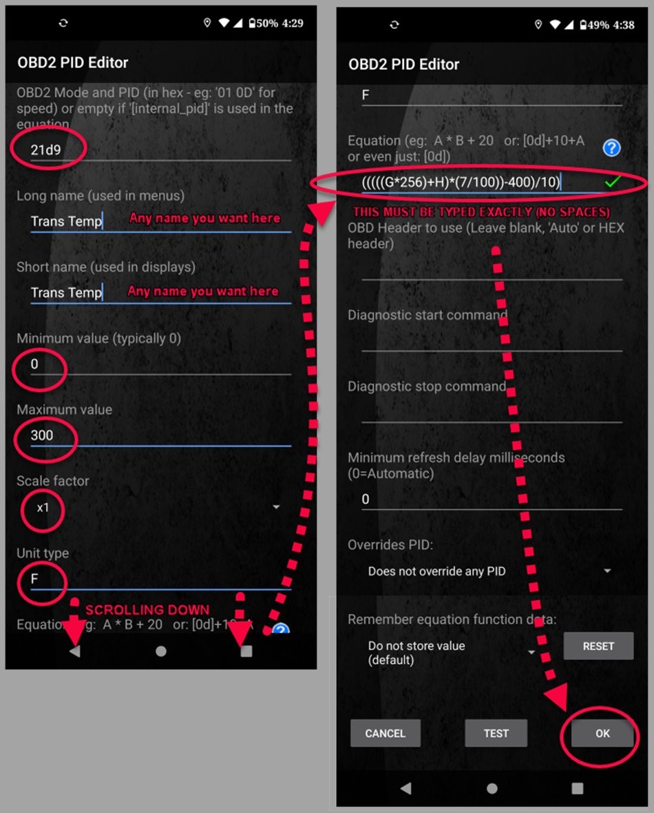 Torque Pro app setup screen for adding custom PIDs