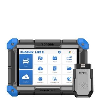 Topdon phoenix lite 2 obd-ii scanner and tablet on a white background