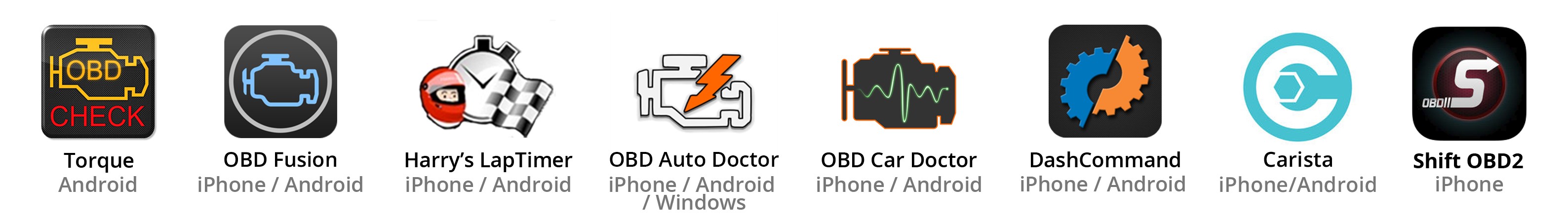 Icons of various OBD2 apps compatible with PLX OBD2 Bluetooth