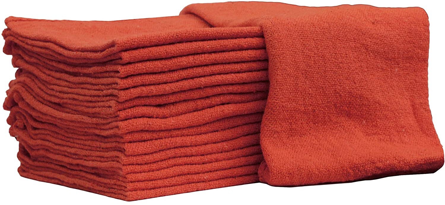 Red shop rags for wiping hands and tools