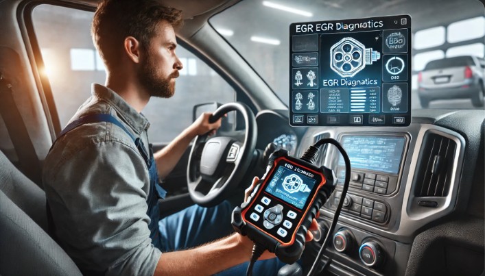 A technician using an OBD2 scanner to diagnose EGR valve issues on a Mercedes-Benz, with the scanner displaying diagnostic codes and real-time data