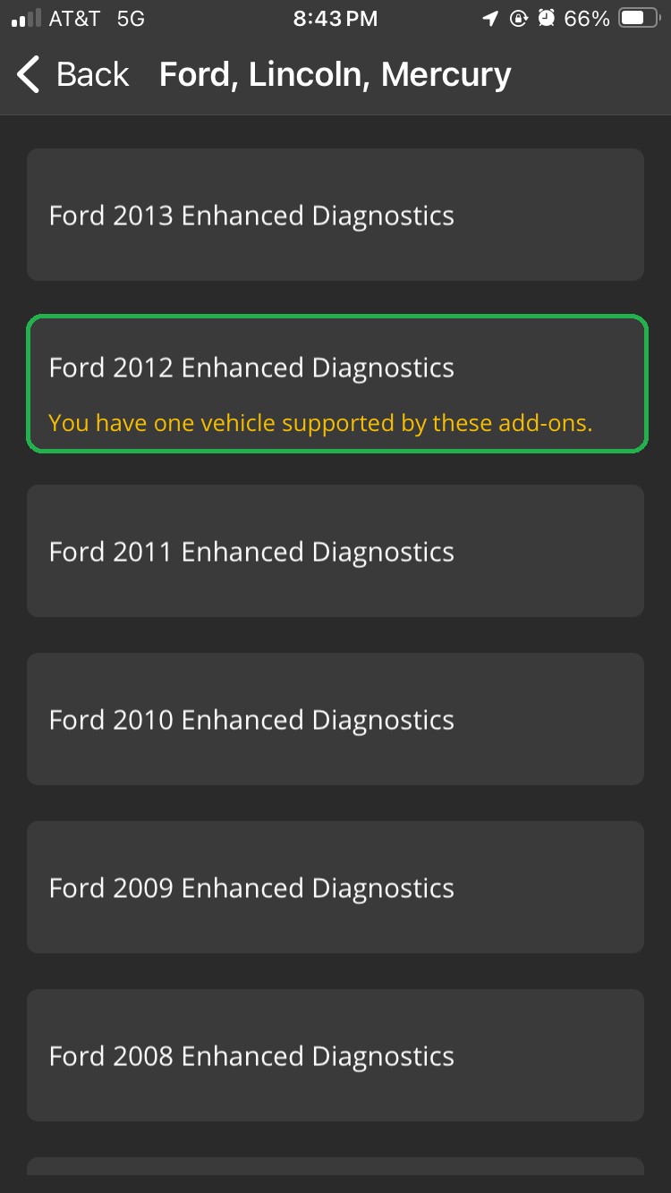 iOS screen with Ford 2012 Enhanced Diagnostics highlighted.